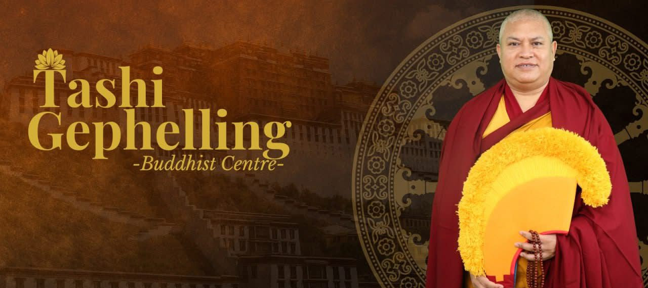 Tashi Gephelling Buddhist Centre banner with Bise Rinpoche