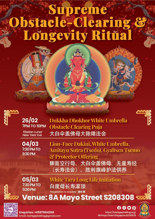 04/03 Lion-Face Dakini, White Umbrella, Amitayu Sutra (Tsedo), Gyaltsen Tsemo & Protector Offering  狮面空行母、大白伞盖佛母、无量寿经（长寿法会）、胜利旗峰护法供养