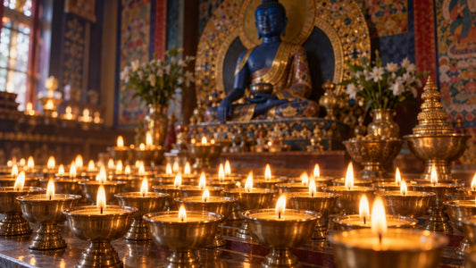 Butter lamps lit before the Medicine Buddha at Tashi Gephelling